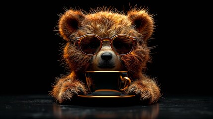 Poster - The modern illustration shows a cute bear doll wearing sunglasses in a coffee cup on a black background