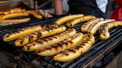 Close up of delicious grilled bananas, freshly barbecued fruit, healthy eating concept, banner