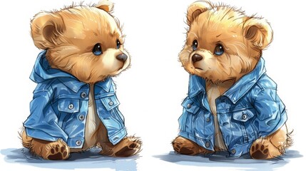 Poster - A cute modern illustration of a bear doll wearing denim in a fashion style