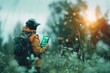 © LadiesWin - Conservation scientist with wildlife tracking systems, in conservation area, species data and habitat conditions visualized. Conservation tech, wildlife monitoring. , background blur