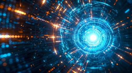 Wall Mural - digital data tunnel with bright blue lights and streaming particles. conceptual abstract sci-fi desi