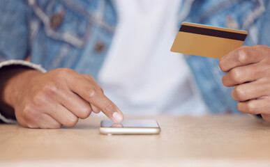 Poster - Man, hands and credit card with smartphone for online payment, fintech and shopping or ecommerce. Purchase, customer and finance for account or security information, banking app and investing app