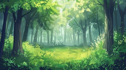 A deep green forest filled with lush plants, grass, and trees.