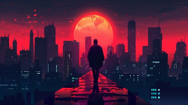 A man walking in a dystopian cyberpunk city. Vector art depicting a neo-noir futuristic metropolis. Game design featuring an abstract cityscape with concept art of buildings.





