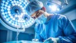 © ANASTASIIA - surgeon in the operating room performing eye microsurgery under bright lamp lighting, in a blue uniform