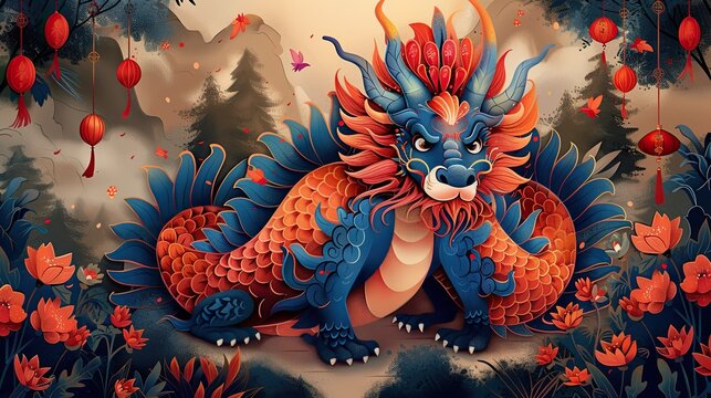Chinese wind dragon illustration stick figure, cute cartooning style, silly, child-friendly, festive atmosphere, flat illustration,
