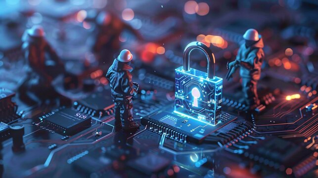 Cybersecurity in the Digital Age: Miniature Workers Securing a Digital Padlock on a Circuit Board, Symbolizing Modern Data Protection and Technology Security - Generative AI