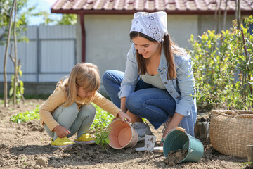 Wall Mural - Mother and her cute daughter planting tree together in garden