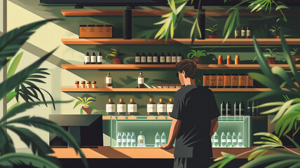 Illustration of a man shopping for extracts at a cannabis store populated by many green plants. Background for Marijuana company advertisement.