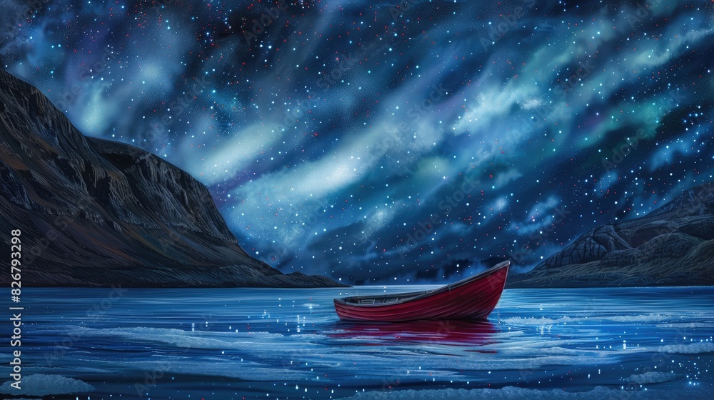 A single red fishing boat sways peacefully under a vast starry sky ...