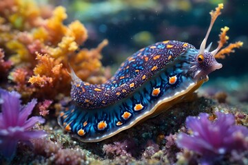 Poster - AI generated illustration of Blue and yellow sea slug among corals and seaweed