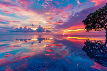 Wall Mural - AI generated illustration of Sunset reflections on beach with two trees in a stunning image