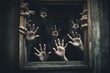 © John Martin - Ghost hand. Spooky many ghost hands outside the window. Halloween concept. group of ghosts with their hands up in front of open window. horror concept. Nightmare.