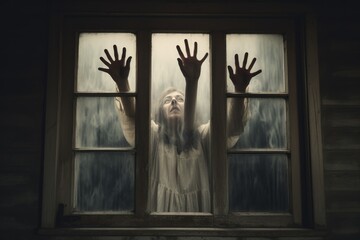 Ghost hand. Spooky many ghost hands outside the window. Halloween concept. group of ghosts with their hands up in front of open window. horror concept. Nightmare.	
