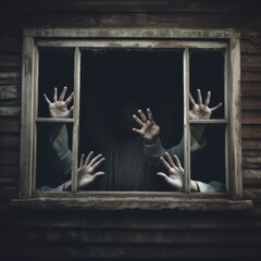 Ghost hand. Spooky many ghost hands outside the window. Halloween concept. group of ghosts with their hands up in front of open window. horror concept. Nightmare.	
