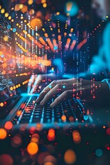 close-up of hands typing on a laptop keyboard with glowing digital network connections and colorful 