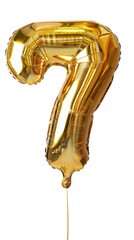 Gold balloon in the shape of number 7 floating on a transparent background. PNG ready for input