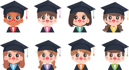 Wall Mural - Group of kids in graduation suits jumping and throwing graduation caps on white background