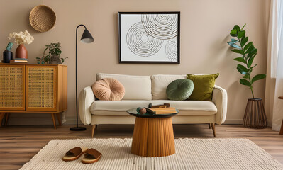 Wall Mural - Interior design of living room with mock up poster frame, ąćeige sofa, glass coffee table, beige wall, pouf, rattan sideboard, slippers, wooden bench and personal accessories. Home decor. Template. 