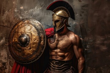 Wall Mural - Powerful spartan soldier geared in traditional armor poses with helmet and shield