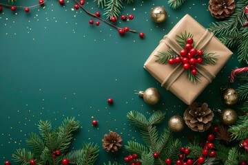 Wall Mural - Christmas gift in craft packaging on green background with decorations