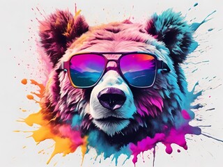 Wall Mural - adorable grizly bear wear sunglasses with ink splash art illustration