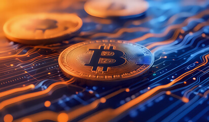Digital transactions flowing representing bitcoin in orange and blue tones