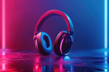 Wall Mural - vibrant rgb led headphones floating on reflective surface in neon light ambiance