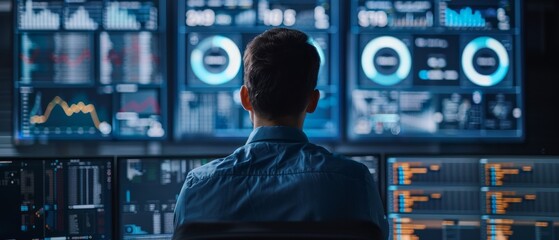 Wall Mural - A person analyzing data on multiple computer screens in a control room, focusing on graphs and charts for business analysis and monitoring.