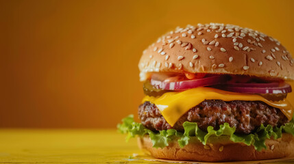 delicious gourmet burger with sesame bun, fresh vegetables, and cheese on vibrant yellow background