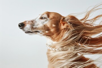 a greyhound with long red hair blowing in the wind and wearing a pearl choker necklace, elegant dog portrait