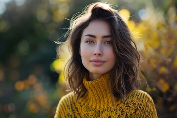 Portrait of a beautiful woman with shoulder-length hair wearing a yellow sweater outdoors in autumn, looking at the camera in a close-up shot, in the style of copy space concept.