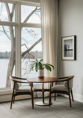 Wall Mural - A mid-century modern lounge with a log table, two white chairs and an armchair in the center of the room, floor-to-ceiling Windows overlooking the cityscape, minimalist, dark green walls, neutral hues