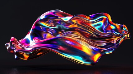 Bold Holographic Liquid Blob Shape Isolated on Black - Iridescent Wavy Melted Substance
