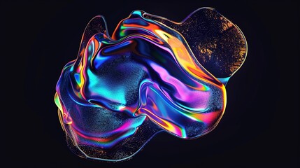 Bold Holographic Liquid Blob Shape Isolated on Black - Iridescent Wavy Melted Substance
