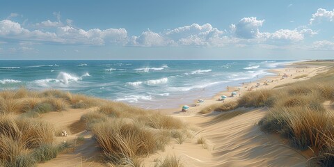 Wall Mural - Stunning Coastal Scenery with Sandy Dunes and Rolling Waves Under a Bright Blue Sky with Fluffy Clouds on a Tranquil Beach Day