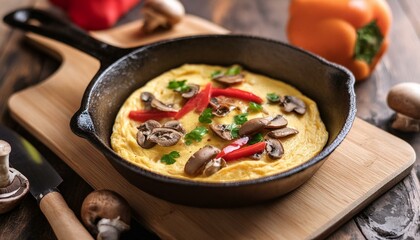 omelette with mushrooms and peppers in a cast iron skillet; cooking at home
