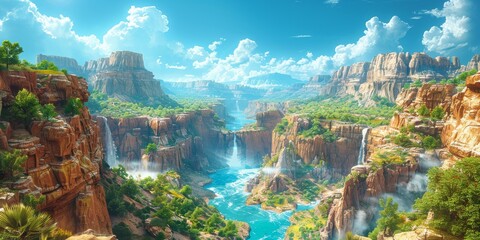 Wall Mural - Breath-taking Panorama of Grand Canyon-like Landscape with Waterfalls and Azure River Under Clear Blue Sky and Fluffy Clouds
