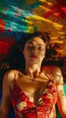 Wall Mural - cinematic establishing shot of a beautiful woman lying on a polygonal colorful ink explosion, crisp rendering, high contrast color palette