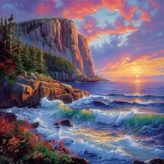 Wall Mural - Stunning Coastal Sunset with Vibrant Colors, Majestic Cliffs, and Crashing Waves in a Serene Ocean Landscape