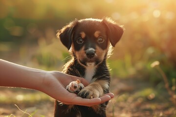 Poster - Child's hand offering a treat to a cute puppy on a sunny day