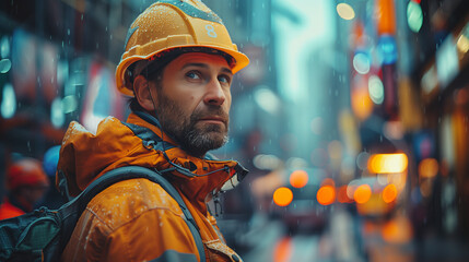 Canvas Print - Construction worker looking arround in the city