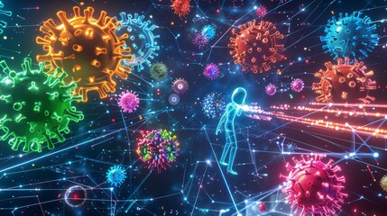 This is an illustration of a person in a protective suit walking through a colorful field of virus-like spheres. The person is holding a sword and shield.