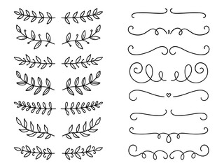 Wall Mural - Laurel text dividers doodle set. Wedding decorative elements with leaves. Branches, divider ornament, borders, lines. Hand drawn vector illustration isolated on white background