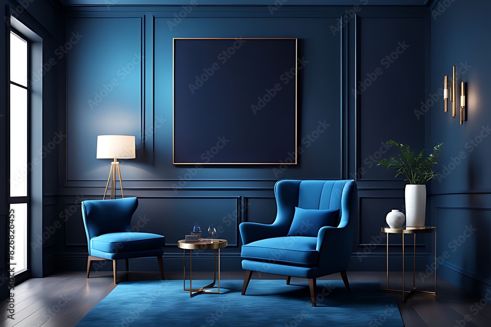 Blue living room - modern interior with luxurious furniture. Art mockup ...