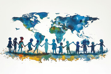 Vector illustration of children holding hands, standing in front of the world map representing unity and togetherness, friendship among young people and adults around the globe suitable for World Chil