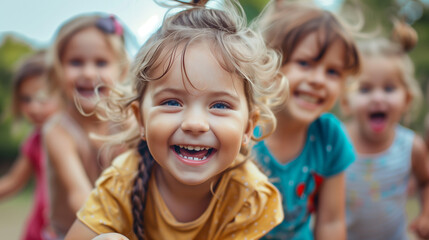 Sticker - Bunch of cheerful joyful cute little children playing together and having fun