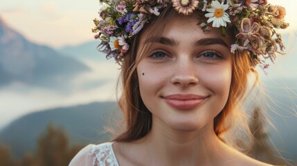 Wall Mural - A woman wearing a flower crown on her head is smiling in a field of grass, showcasing a happy and fun headpiece at an event. The flower is a fashion accessory that adds to her joyful expression AIG50