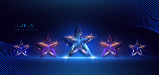 Star glowing blue neon with curved light lines and sparkle on dark blue background. Award concept.