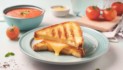 Wall Mural - Grilled cheese sandwich on a plate next to tomato soup in a bowl